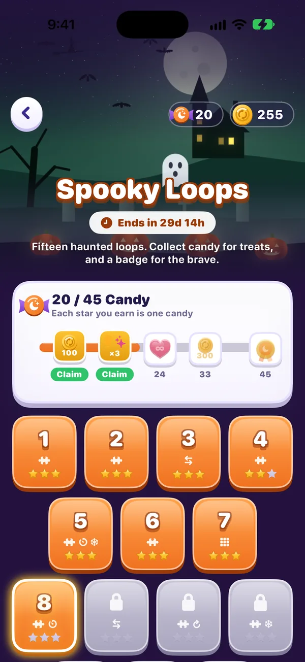 The Spooky Loops event screen with a candy reward track and level tiles
